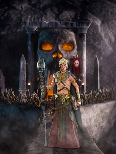 Fantasy necromancer or black magic sorcerer standing on a stone bridge to a cave with carved skull entrance high in a mountain. 3D illustration.
