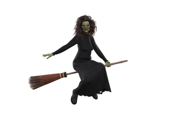 Bruxa Bruxa Velha Halloween Voando Sua Vassoura Mágica Renderização Isolada — Fotografia de Stock