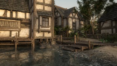 Bir ortaçağ liman kasabasındaki eski ahşap çerçeveli binalar; 3D illüstrasyon.