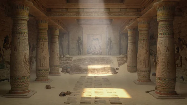 Древний Египетский Храм Разрушает Интерьер Украшенными Колоннами Ступенями Ведущими Двери — стоковое фото