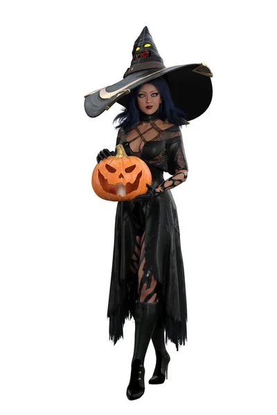 Bruxa Sexy Halloween Vestido Preto Com Grande Chapéu Pontiagudo Segurando — Fotografia de Stock