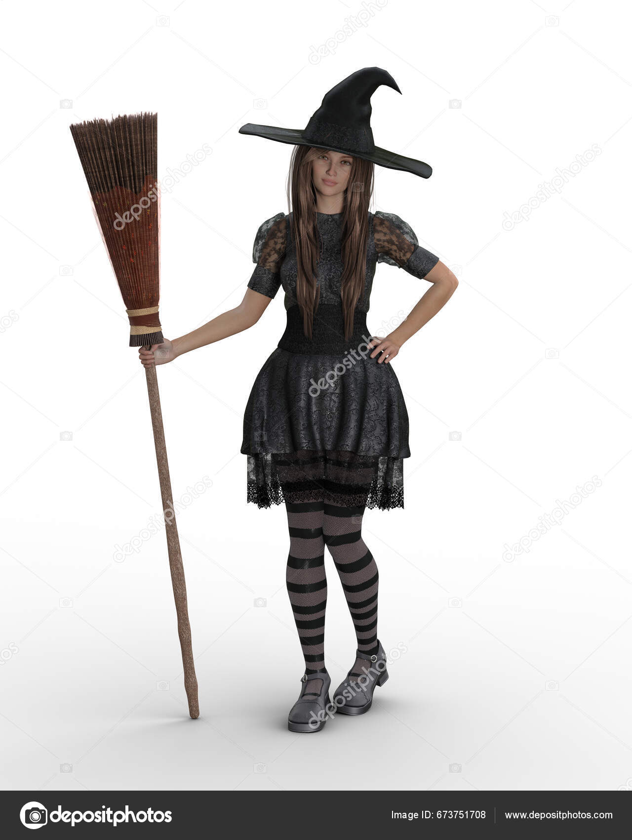 Pretty Halloween Witch Whimsical Costume Standing Hold Broom Stick Her  Stock Photo by ©GoodLightHunting 673751708