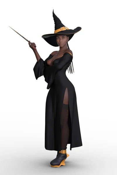 Mulher Negra Bonita Traje Bruxa Halloween Posando Com Uma Varinha — Fotografia de Stock