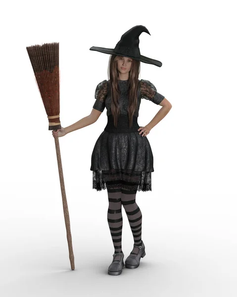 漂亮的万圣节女巫穿着奇形怪状的服装 站在那里 手里拿着扫帚棒 孤立的3D渲染 — 图库照片