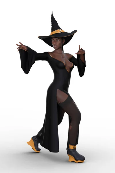 Bruxa Negra Nova Bonita Traje Sexy Lançando Feitiço Isolado Ilustração — Fotografia de Stock