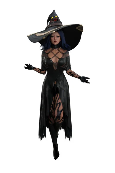 Büyük Sivri Uçlu Şapkalı Siyah Kostümlü Cadılar Bayramı Cadısı Zole — Stok fotoğraf