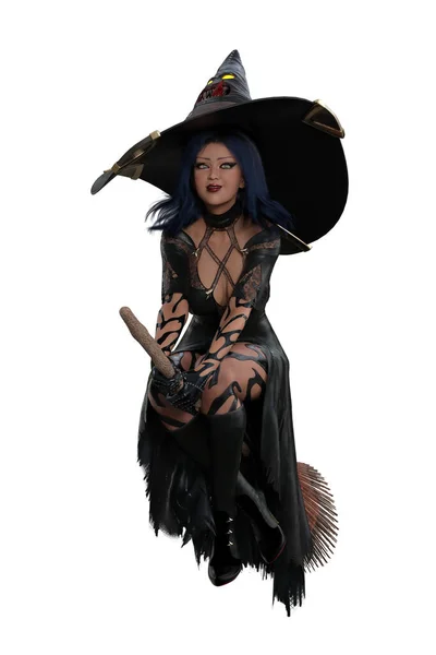 Bruxa Halloween Traje Preto Sexy Com Grande Chapéu Pontiagudo Montando — Fotografia de Stock