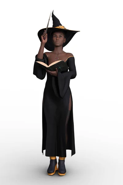 Bruxa Halloween Negra Bonita Lançando Feitiço Seu Grimório Com Uma — Fotografia de Stock