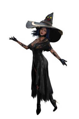 Cadılar Bayramı için büyük sivri uçlu şapkalı mor saçlı güzel kadın. İzole edilmiş üç boyutlu illüstrasyon.