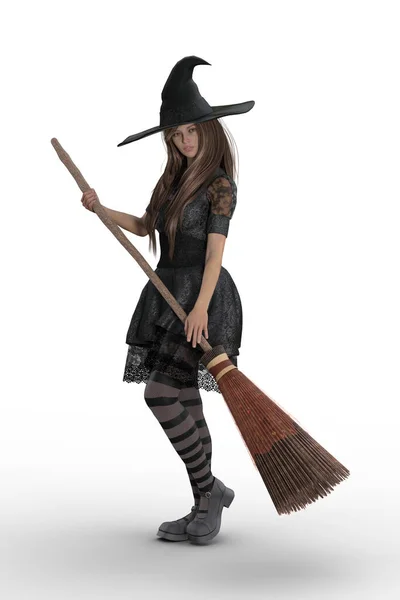 穿着万圣节女巫服装拿着扫帚的年轻漂亮的女人 孤立的3D插图 — 图库照片
