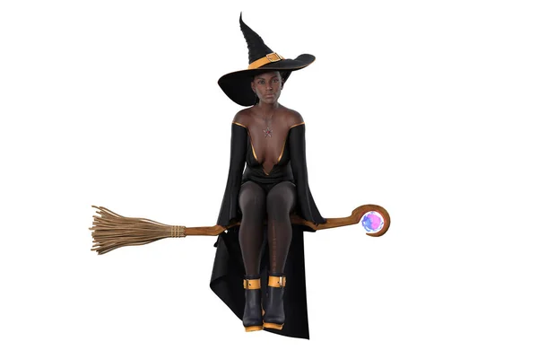 Beautiful Black Woman Halloween Witch Costume Sitting Broom Stick Isolated — Stock Photo, Image