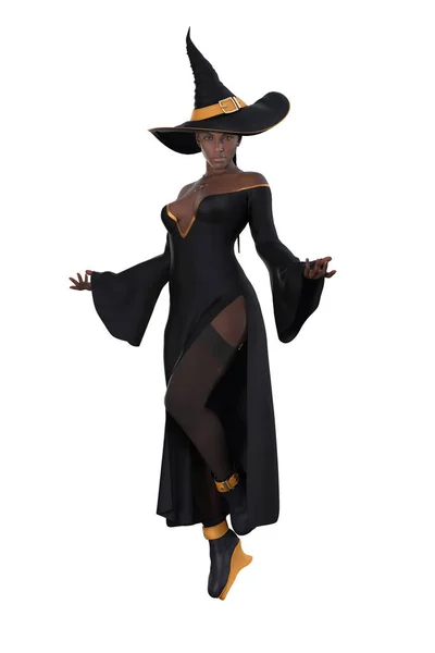 迷人的幻想迷人的黑女人穿着性感巫婆的服装戴着尖尖的帽子在空中飘荡 孤立的3D渲染 — 图库照片