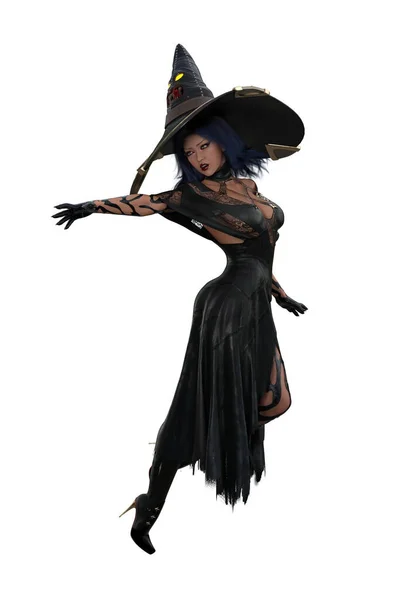 Bruxa Halloween Fantasia Bonita Vestido Sexy Lançando Feitiço Mágico Renderização — Fotografia de Stock
