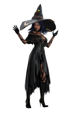 Mor saçlı, elleri havada bir cadılar bayramı cadısının vücut portresi. İzole edilmiş 3B görüntüleme.