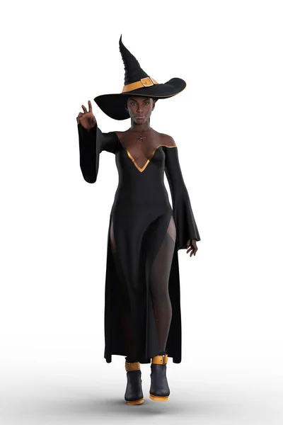 Красивая Черная Женщина Костюме Ведьмы Хэллоуин Идет Вперед Поднятой Рукой — стоковое фото