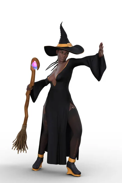 Beautiful Young Black Woman Witch Costume Holding Magical Broomstick Blocking — Stock Photo, Image