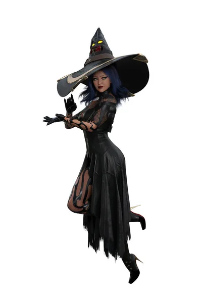 ハロウィーンの魔女のコスチュームの美しい女性は 呪文をキャストする準備ができて大きなポイント帽子 隔離された3Dイラスト — ストック写真