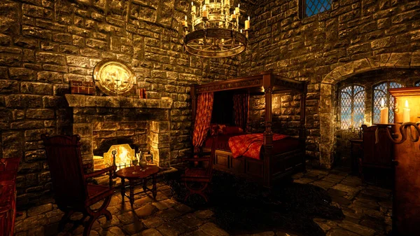 Fantasy medieval castle bedroom with open fireplace and four poster bed. 3D illustration.