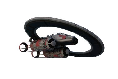 Bilim kurgu fantezi uzay gemisi aşağıdan görünüyor. 3B görüntüleme.