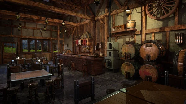 Medieval inn bar with food and drink on tables and daylight through a window. 3D illustration.