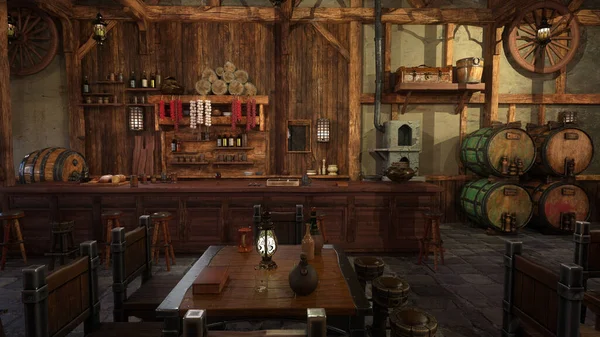 Dining table and bar in an old medieval tavern inn. 3D rendering.