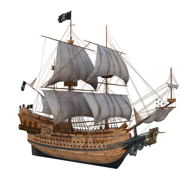 Antiguo Barco Pirata Madera Vela Completa Con Una Figura Tallada — Foto de Stock
