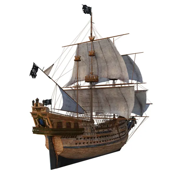 Old wooden pirate ship in full sail viewed from behind the stern. Isolated 3D illustration.