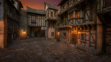 Cobbled street in a medieval fantasy town in evening light. 3D illustration. clipart