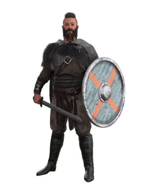 Kılıcı ve kalkanı olan Viking barbar savaşçısı. Tüm vücut portresi 3 boyutlu illüstrasyon.