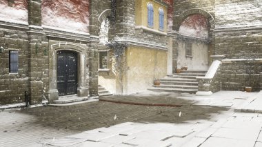 Eski bir Avrupa kasabasındaki bir avlunun kış manzarası. 3B görüntüleme.