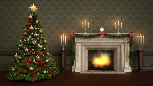 크리스마스 트리와 아늑한 빈티지 양초를 태우는 애니메이션 렌더링 — 비디오