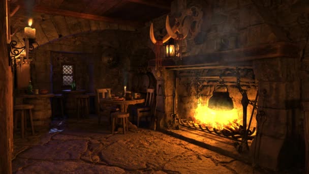 Open Fireplace Medieval Tavern Animation — Stock Video