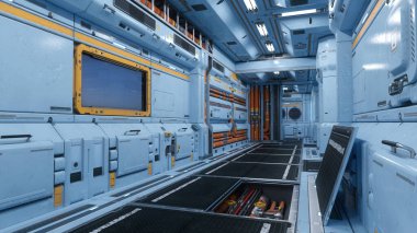 Fütürist bir bilim kurgu uzay istasyonu binasının içinde zeminin altında borular ve kablolar olan bir koridor. 3B illüstrasyon.