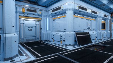 Gelecekçi bir bilim kurgu uzay istasyonunun içindeki koridor ve kapı. 3B görüntüleme.