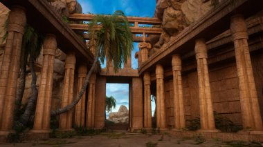 Taş sütunlar arasında büyüyen palmiye ağaçları olan antik Mısır kalıntıları. 3B illüstrasyon.