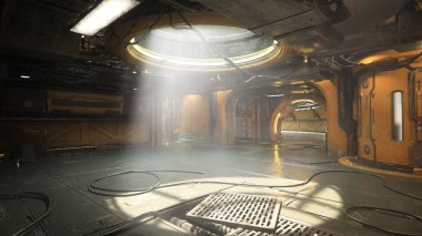 Bilim kurgu distopyan gelecek çevre konsepti yeraltı tüneli açık bir çatıda parlayan ışık ışınları. 3B görüntüleme.