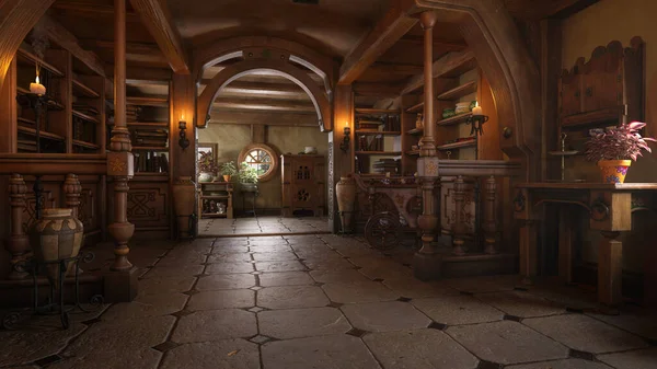 Hallway of a medieval fantasy house for dwarves, halflings or fairies. 3D illustration.