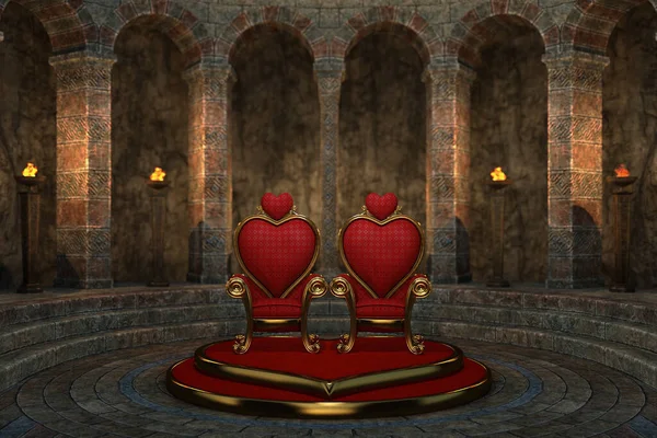 Pair of red heart shaped thrones in an old fantasy castle. Valentines concept background 3d rendering.
