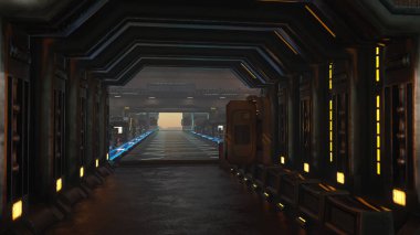 Fütürist bir bilim kurgu uzay istasyonu binasının içindeki karanlık atmosferik tünel. 3B görüntüleme.