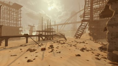 Yıkık dökük binalar ve molozlarla yıkık dökük bir şehir. 3B görüntüleme. 