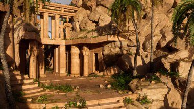 Bir dağın yamacına kazınmış sütunları ve heykelleri olan eski Mısır tapınağı. 3B illüstrasyon.