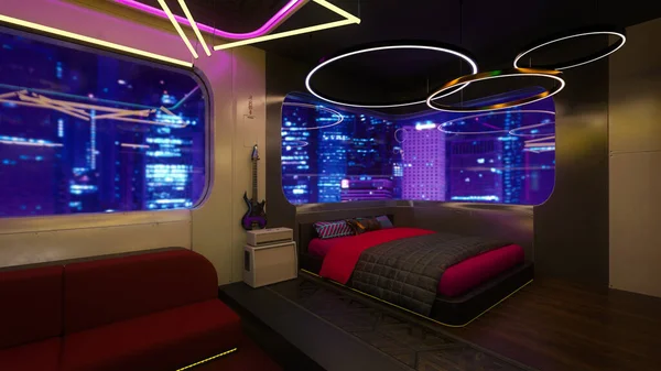 Bedroom area in a futuristic cyberpunk high rise studio apartment. 3D illustration.