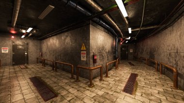 Endüstriyel bir binada pis bir bodrum katı koridoru. Ortam 3B oluşturma.