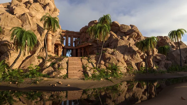 Ancient fantasy temple built into a desert mountain landscape with in the foreground. 3D illustration.