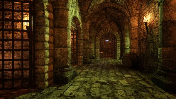 Dark grungy corridor in an ancient medieval prison dungeon with black iron doors on the cells. 3D illustration.