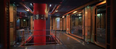 Bilim kurgu uzay istasyonu iç ortamı. Geniş panoramik 3D illüstrasyon.