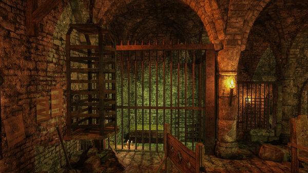 Ancient medieval fantasy dungeon prison cell with black iron bars. 3D illustration.