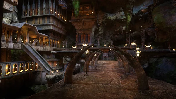 Huge dark cavernous home of fantasy dwarves built inside a mountain. 3D render.