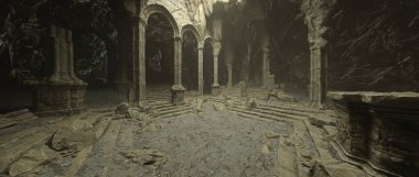 Taştan sütunları olan kayalık bir mağarada eski bir ortaçağ tapınağı harabesi. Geniş sinematik 3D canlandırma.
