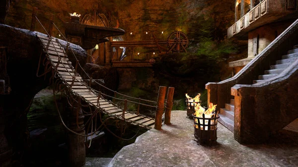 Rope bridge across a chasm in a large underground fantasy cave. Mountain home of the dwarfs. 3D render.